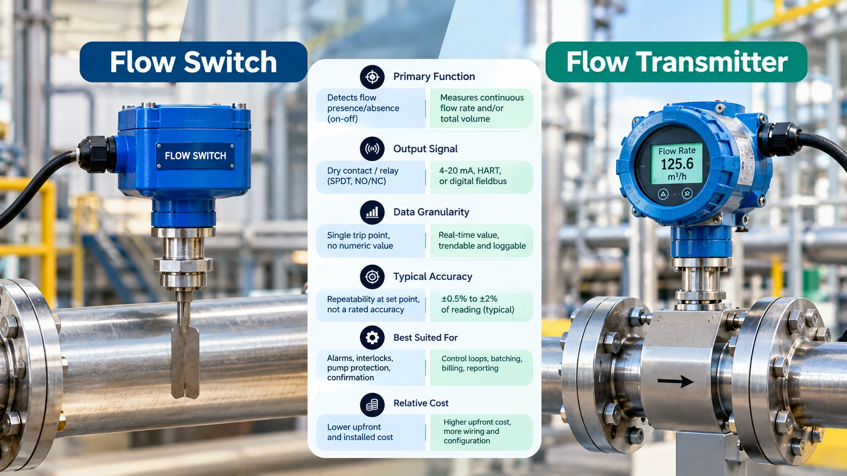 Flow switch vs flow transmitter comparison infographic showing differences in primary function, output signal, data accuracy, industrial applications, and cost for pipeline flow monitoring systems.