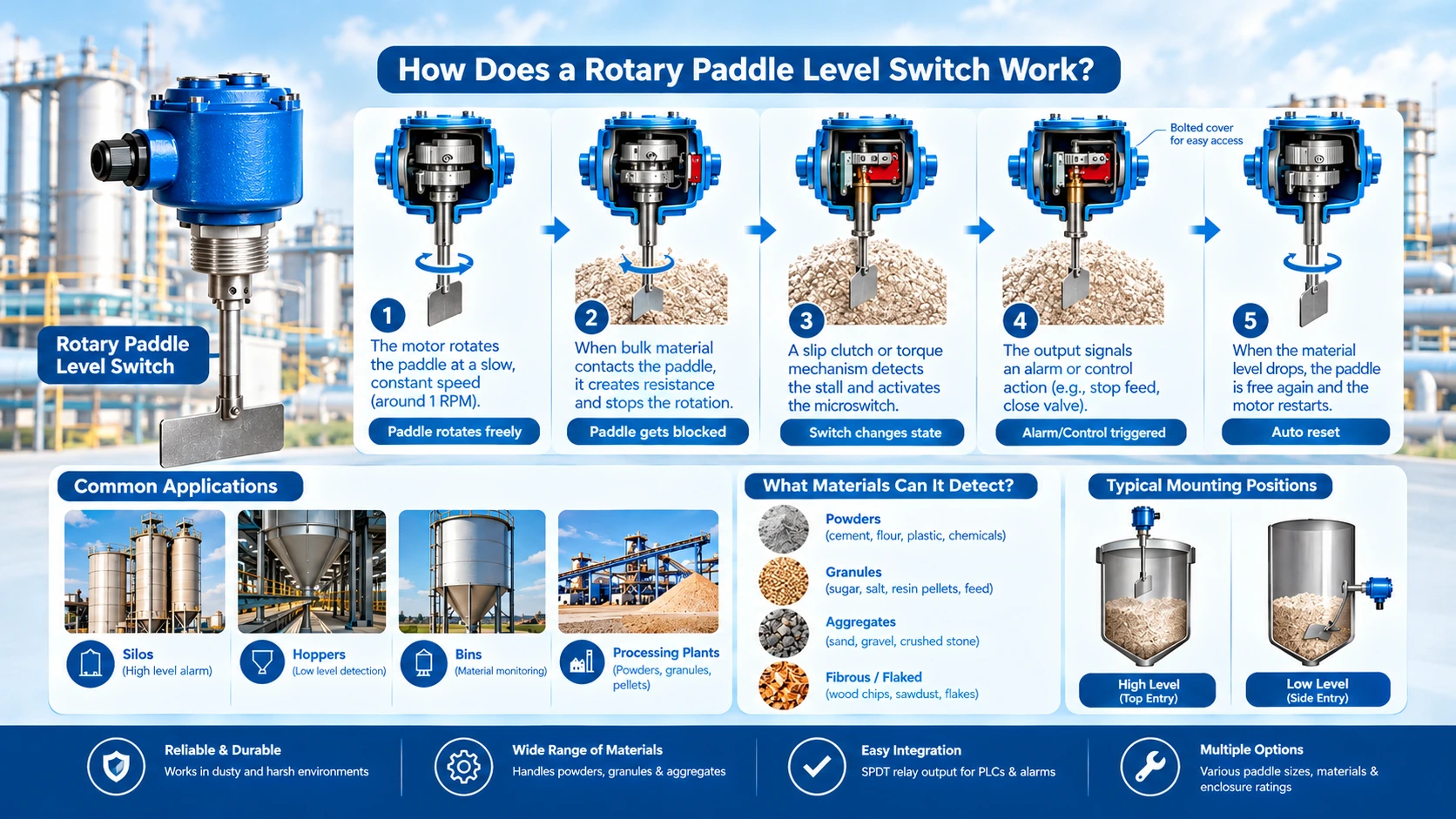 Rotary paddle level switch working principle infographic showing five operating steps, internal motor and paddle mechanism, bulk material detection, common applications in silos, bins and hoppers, detectable materials, and high-level and low-level mountin