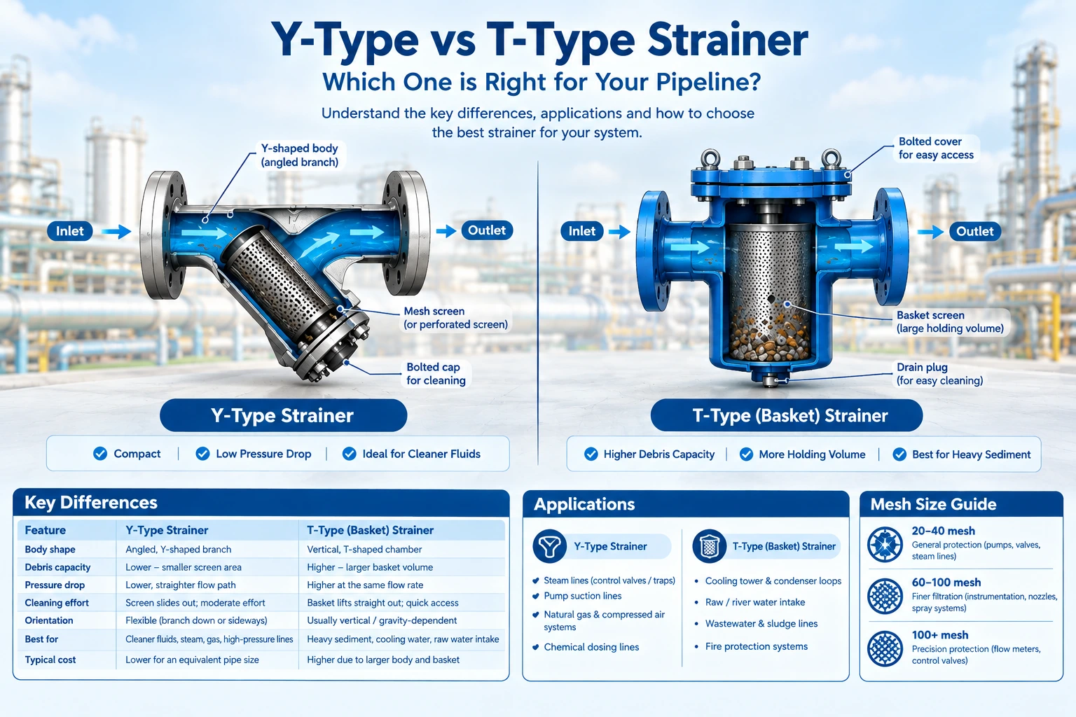 Infographic comparing Y-type and T-type basket strainers with cutaway diagrams, key differences, applications and mesh size guide
